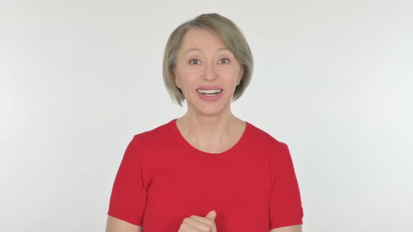 Old Woman Talking on Online Video Call on White Background