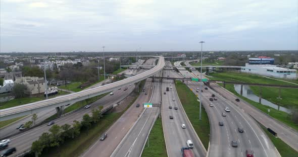 This video is about an aerial view of traffic on freeway in Houston, Texas. This video was filmed in