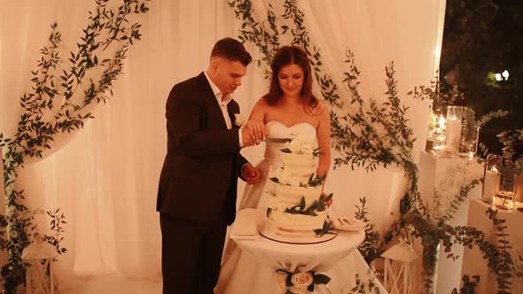 Groom and Bride at Wedding Cut Their Large Multitiered White Cake Taste It Fed From Each Other