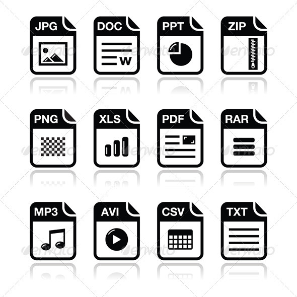 File type black icons with shadow set - zip, pdf,