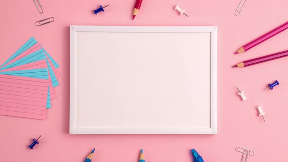 Stop motion animation mockup of pen, sticky note, notepad, marker, eraser, push pins, paper clip pen