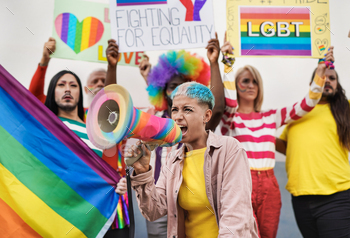 Serious peole at gay pride parade with banner and rainbow flag / Photodune, Misc
