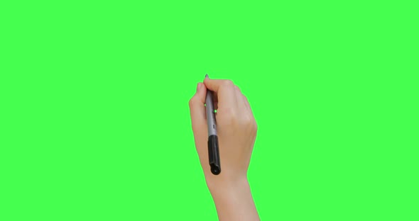 Female hand holding pen and writing check mark symbol, President election, Green screen background