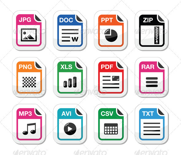 File type icons as labels set - zip, pdf, jpg, doc