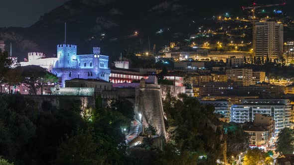 Prince's Palace of Monaco Illuminated By Night Timelapse with Observation Deck