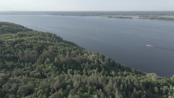 Dnipro River. Aerial View. Ukraine. Slow Motion, Flat, Gray