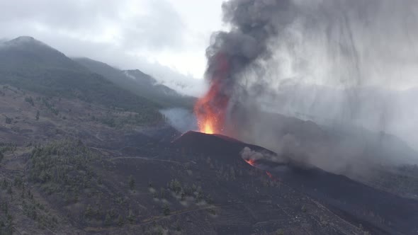 Aerial view of volcanic eruption in La Palma Canary Islands 2021