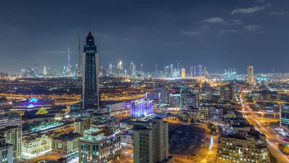 Nighttime View of Lights in Luxury Dubai City United Arab Emirates Timelapse Aerial