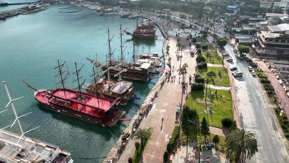 Yachts in the port aerial view 4 K Alanya Turkey