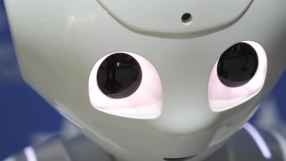 Closeup of Robot Face Electronic Futuristic Eyes Displays