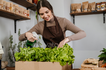 Smiling brunette seller woman spraying salad in local eco shop / Photodune