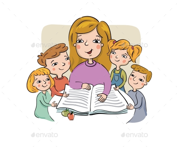 Woman Reading a Book to Children