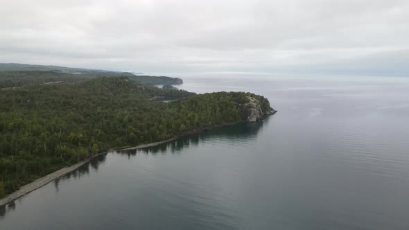 aerial view of north shore minnesota lake superior during a foggy afternoon