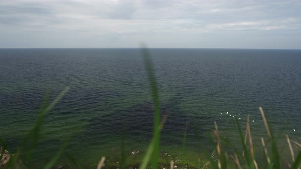 Picturesque View of the Sea with Ripples From a Precipice and Flying Seagulls