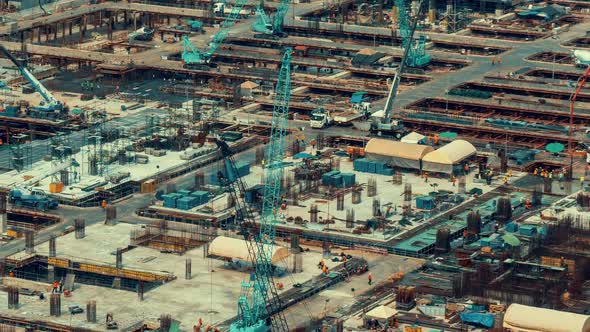 Time Lapse of Construction Site with Heavy Construction Machinery in Metropolis