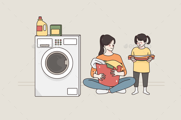 Laundry and Spending Time with Children Concept