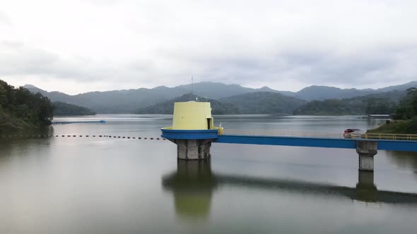 Aerial view of the Sermo reservoir in the late afternoon, the largest reservoir in Yogyakarta and th