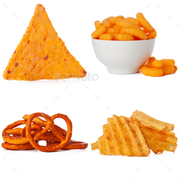 Salty snacks isolated on white background collage / Photodune, Misc