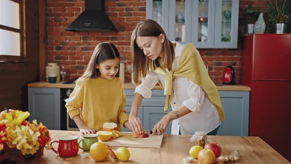 Smiling Mother is Talking to Little Daughter and Showing How to Cut Apple Into Pieces Standing By