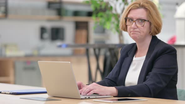 Sad Old Businesswoman with Laptop Showing Yes Sign 