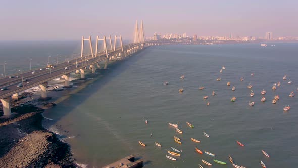Mumbai, India, Worli Sea Link Bridge, 4k Aerial Drone City Skyline View