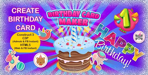 Birthday Card Maker App (Construct 3 | C3P | HTML5) Admob Ready