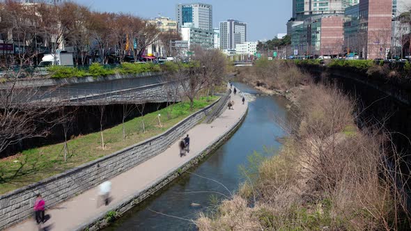 Aerial View of Cheonggyecheon in Korea, Seoul City