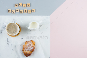 Breakfast Concept. Cup of coffee, croissant and text Good Morning. Flat lay, copy space / Photodune, Misc