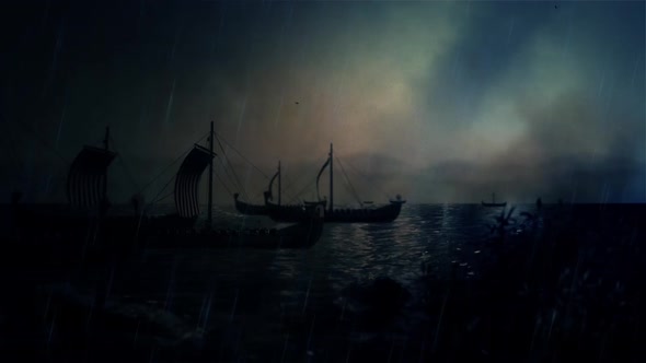 Viking Ships Sailing To Shore Under a Winter Storm