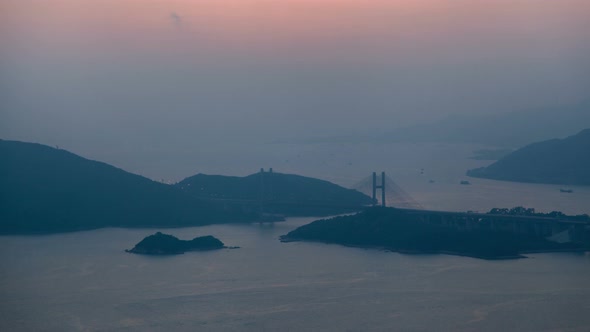  Sunset Arial View on the Hong Kong Tsing Ma Bridge