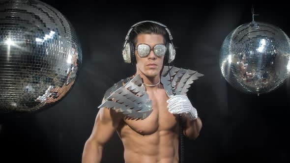 disco man sexy discoball silver party music muscular torso