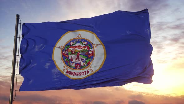 Flag of Minnesota Waving in the Wind Against Deep Beautiful Sky at Sunset
