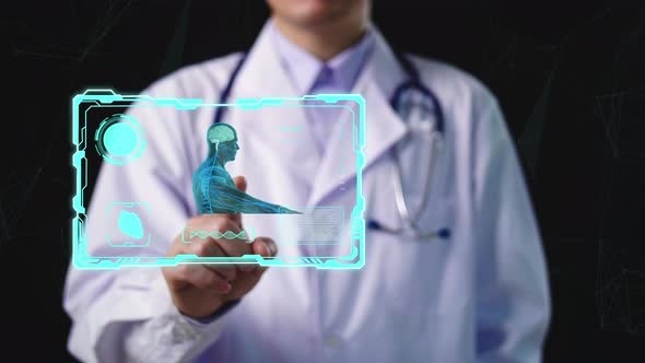 Doctor Working With Holographic Scan Projection 3D Rendering Human Body Parts