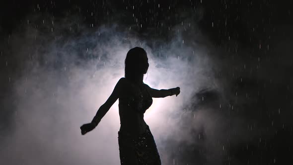 Dark Silhouette of Exotic Dancer on a Smoky Background in a Dark Studio. A Woman Dances Seductively