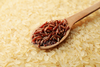 Rice background and wooden spoon, close up / Photodune, Misc
