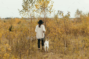 Stylish hipster woman walking with cute white dog on background of autumn trees. Traveling with pet / Photodune, Misc
