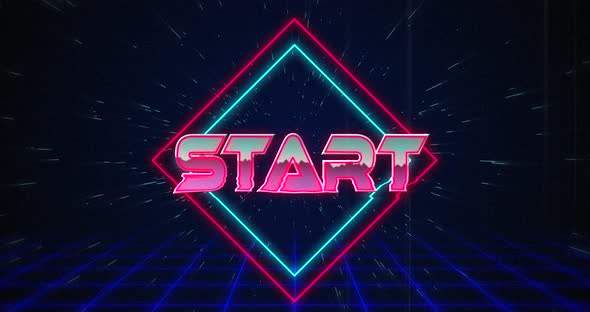 Retro Start text glitching over blue and red squares on white hyperspace effect