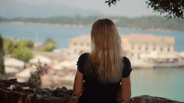 Woman On Greek Island Corfu. Kerkyra City Inspiration Travel Holiday Trip. Sea Breeze Summertime.