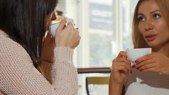 Happy Women Friends Talking Over a Cup of Coffee at Cozy Bakery Shop