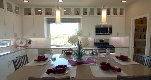 Casual Modern Dining Room Display In Las Vegas Nevada Surrounded With Hanging Wall Cabinets And A Si