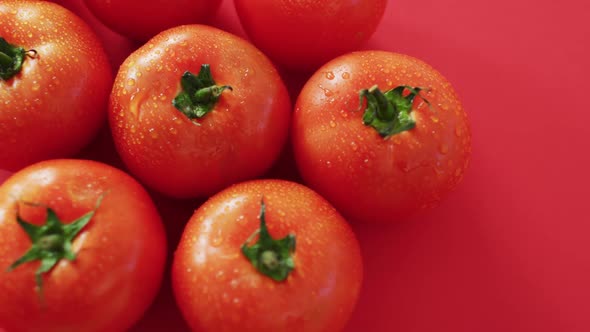 Video of close up of fresh red tomatoes on pink background