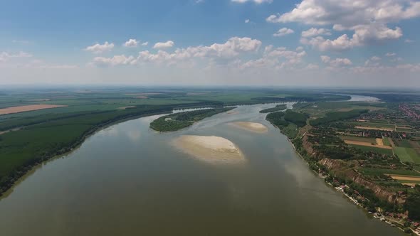 Aerial View of Fields and Danube River in Serbia