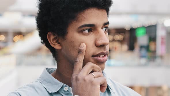 Closeup Male Pensive Face Portrait African American Puzzled Business Man Standing Indoors Deep in