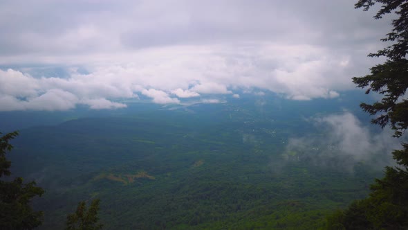 a rural spring landscape with valley in fog of oblags from height of bird's flight.