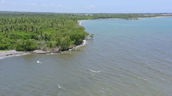 Soco river mouth, San Pedro de Macoris in Dominican Republic. Aerial drone panoramic view