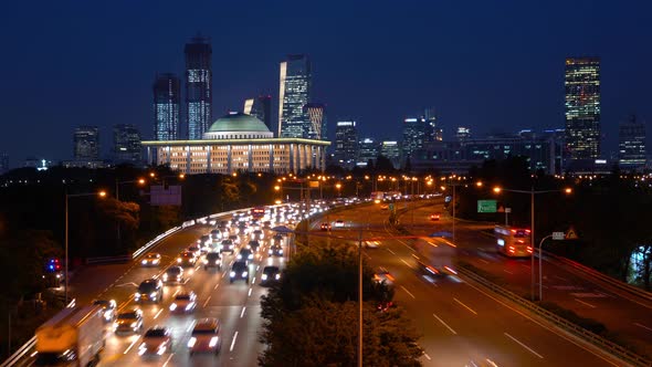 Yoido Building Night Traffic Seoul