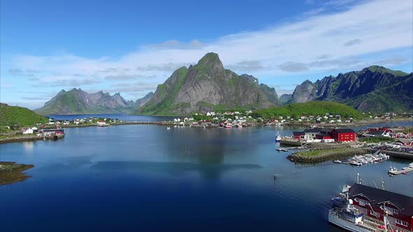 Flight above town Reine on Lofoten islands, Norway