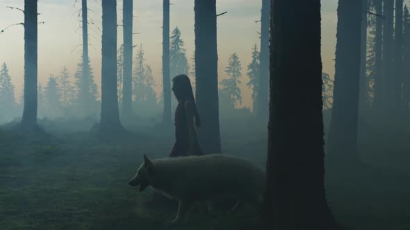 Girl walking with a dog in the evening