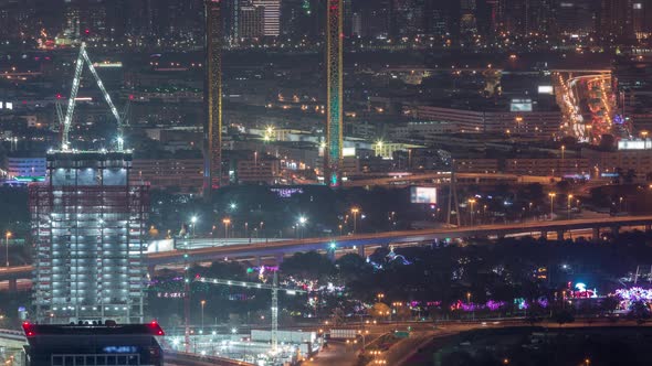 Aerial View to Financial and Zabeel District Night Timelapse with Traffic and Under Construction