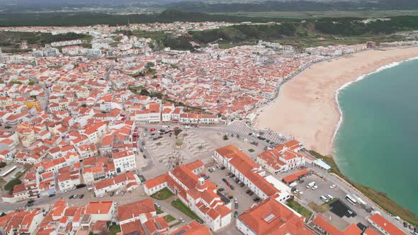 Flying Over the Picturesque Portuguese Coast Town Nazare Portugal